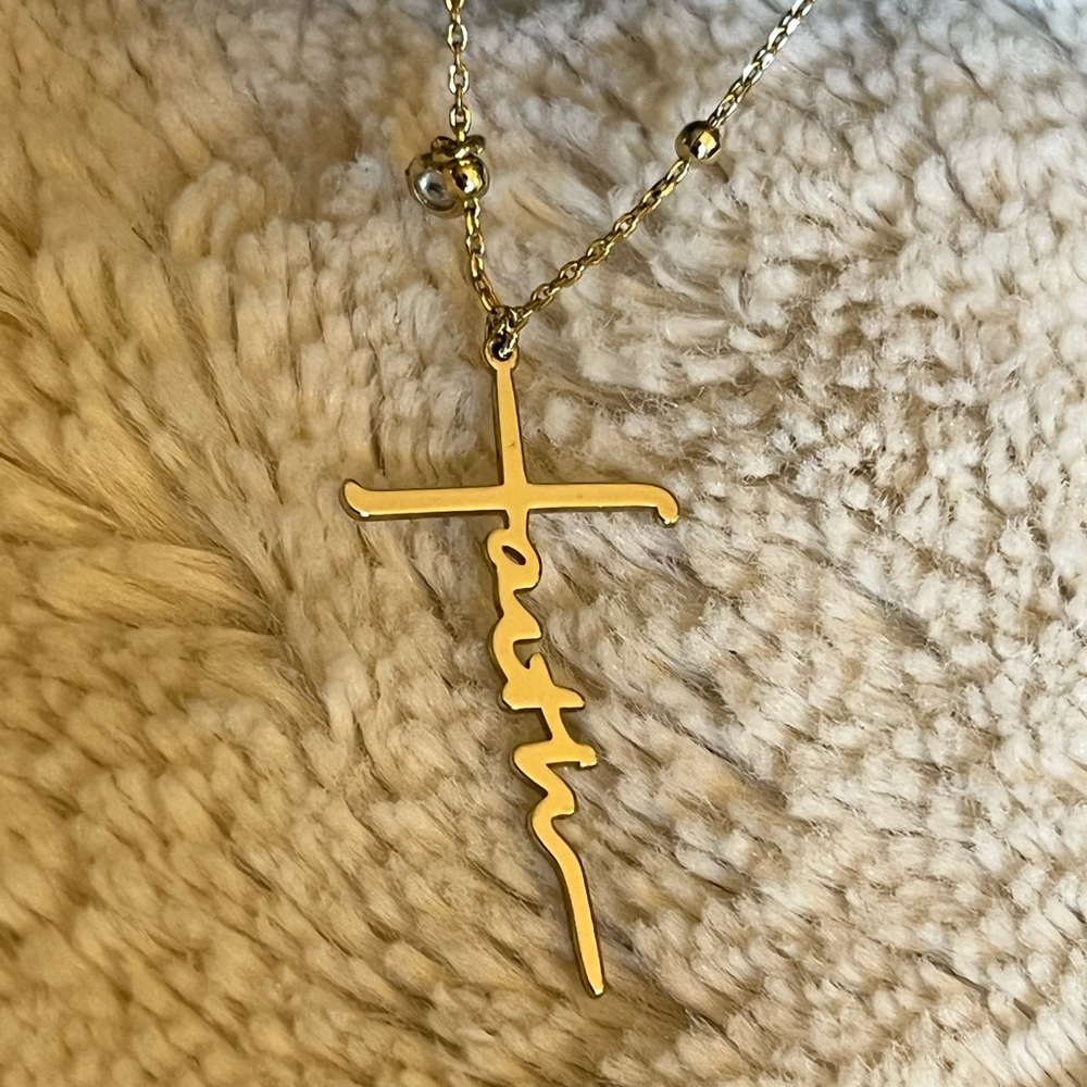 No Fear In Faith Necklace - Gold 16-18 inches, CZ and beaded station chain